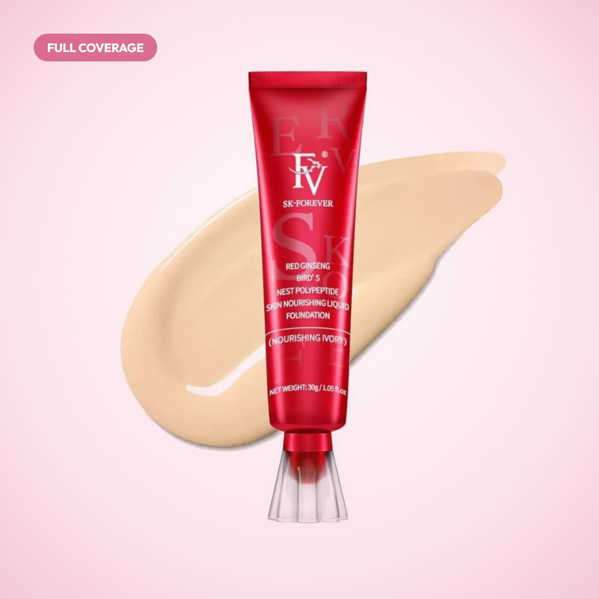 FV liquid foundation tube with foundation swatch on a soft pink background