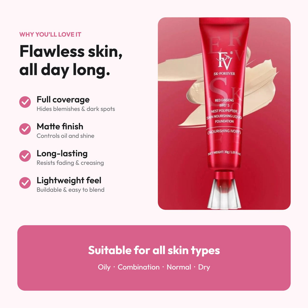 FV foundation benefits: full coverage, matte finish, long-lasting, lightweight