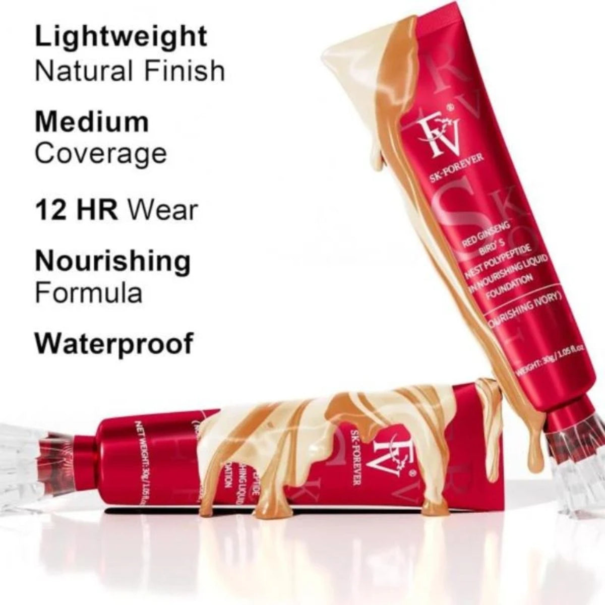 FV foundation features: lightweight, natural finish, 12-hour wear, waterproof